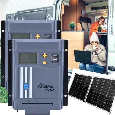 Produktbild von 2er-Set MPPT Solarladeregler für 12V/24V Batterien - Max. Solar-Effizienz & Schutz - 20A Ladestrom - LCD-Display - 2 USB-A Ports für Wohnmobile, Boote