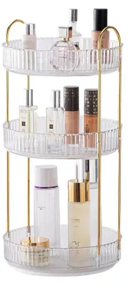 Productafbeelding van Unyqoos® 360° draaibare make-up organizer, 3 niveaus – transparant/amberskleurig met gouden accenten, opbergdoos voor make-up en huidverzorging, geschikt voor badkamer en make-uptafel