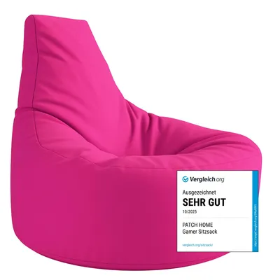 A pink beanbag chair with a certification badge on the side.