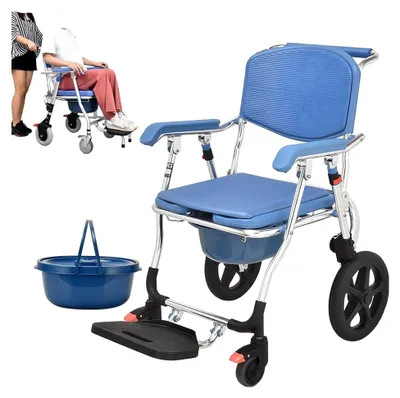 Produktbild von 3-in-1 Duschstuhl mit Rollen für Senioren, fahrbarer, klappbarer Toilettenstuhl mit abnehmbarem Töpfchen, Duschrollstuhl, Toilettenrollstuhl mit klappbaren Fußstützen (Blau, 92X94X50cm)