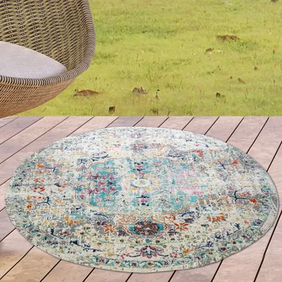Produktbild von Teppich Outdoor Orientteppich Ornamente Wohnzimmerteppich Vintage in grau blau Größe - 120 cm Rund