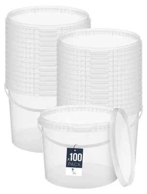 Image de BenBow Seau avec couvercle 10L x100 Transparent - qualité alimentaire, stable, hermétique, anti-fuite, inodore - seau en plastique avec anse - vide