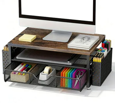 Immagine prodotto di Supporto per monitor con cassetto, ideale per scrivania, con regolazione ergonomica dell'altezza dello schermo