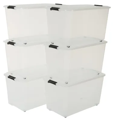 Aufbewahrungsboxen 6er-Pack, 70L, mit Deckel und Rollen, transparent