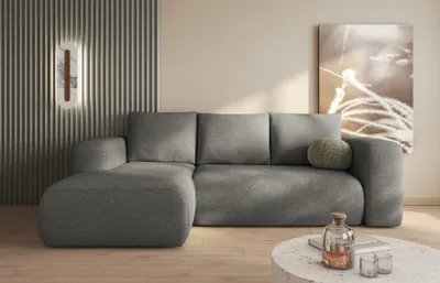 Produktbild von Easy4You Lambi Grau Ecksofa L-Form Links 266 x 89 x 164 cm mit Schlaffunktion und Stauraum - Schlafsofa mit Bettkasten - Moderne Wohnzimmermöbel – Stoff: Boucle 12