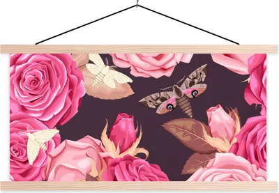 Produktbild von MuchoWow® Textilposter Rosen - Schmetterlinge - Rosa 60x30 cm mit holzfarbenen Rahmen - Dekoration