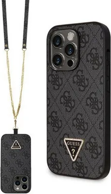 A product shot of an iPhone case with a crossbody strap, shown from two angles.