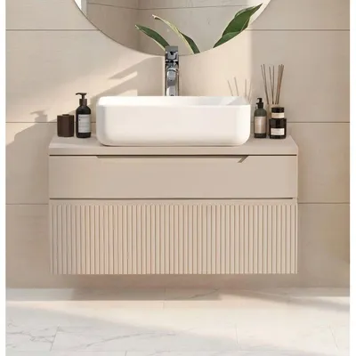 Produktbild von ROMA 80 cm Wand-Badezimmermöbel-Set mit Aufsatzwaschbecken, 2 Schubladen, Beige Cachemire