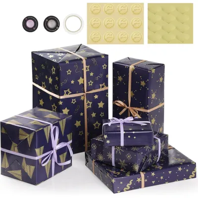 Productafbeelding van Cadeaupapier set, 6 vellen, 50x70 cm, donkerblauw met goud, inclusief lint en stickers