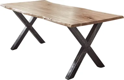 Produktbild von Esstisch 220x100 cm Bergamo, Akazienholz massiv + naturfarben + lackiert, echte Baumkante, Baumkantentisch mit Vintage X-Gestell aus Metall schwarz, Tischplatte 26 mm