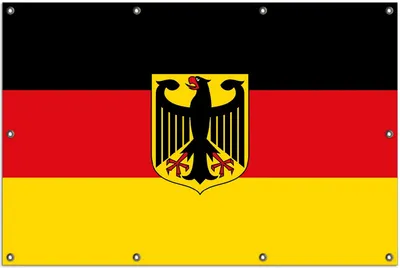Produktbild von Wallario Outdoor-Poster für Garten oder Balkon, Motiv Deutsche Flagge mit Wappen, in ca. 100 x 150 cm
