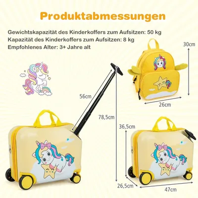 Produktbild von 2tlg Kinderkoffer + Rucksack 47 cm Langer Aufsitzkoffer und 30 cm Breiter Rucksack Gelb Einhorn