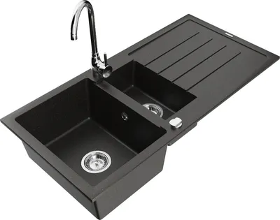 Produktbild von Mexen Andres 1,5-Becken-Granitspüle mit Abtropffläche und Mischbatterie Telma, Schwarz/Gold - 6515-75-670200-00