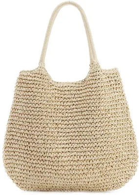 Produktbild von Ibenzoa® Große Strandtasche aus natürlichem Rattan für Damen, geräumige Schultertasche 50 x 2 x 34 cm mit Polyesterfutter und Magnetverschluss