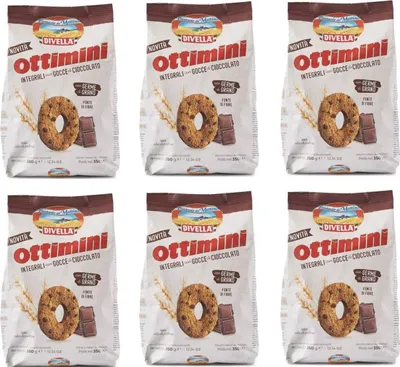 Produktbild von 6x Divella Ottimini Integrali con gocce di cioccolato Vollkornkekse mit Schokoladenstückchen und Weizenkeimen Italienische Kekse 350g biscuits cookies