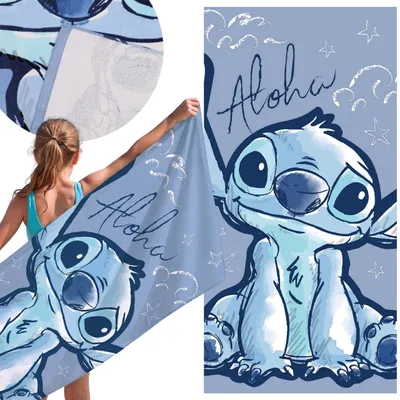 Produktbild von Disney Stitch, blaues schnelltrocknendes Strand- und Badetuch für Mädchen aus 100 % Baumwolle, 70 x 140 cm,
