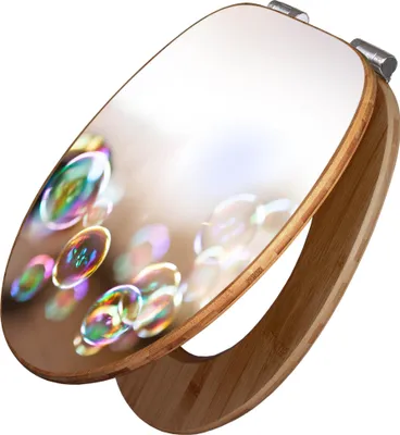 A toilet seat with a bamboo base and a lid decorated with colorful soap bubbles.