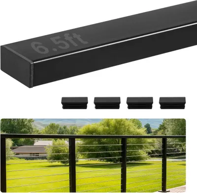 Produktbild von Edelstahl Balkon Geländer Set - Rechteckiger Handlauf für Treppendecks - Innen-/Außenstufen - Mattschwarze Beschichtung - Mit Endkappe - 50x25x1981 mm - Kabelgeländer-Set