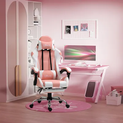 Produktbild von Gaming Stuhl Bürostuhl ergonomisch, Schreibtischstuhl mit Fußstütze, Kunstleder Drehstuhl Kopfstütze Lendenkissen, Rosa-Weiß | 64x67x127 cm | 120 kg