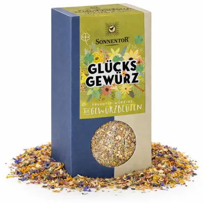 Produktbild von Sonnentor Glücks Gewürz-Blüten-Zubereitung , Flockengewürze, 35 g, Zwiebelstücke gelb  Basilikum  Orangenschalen  Oregano (Origanum vulgare L.)  Pfeffer..., 259 kcal, 1080 kJ, 2,94 g
