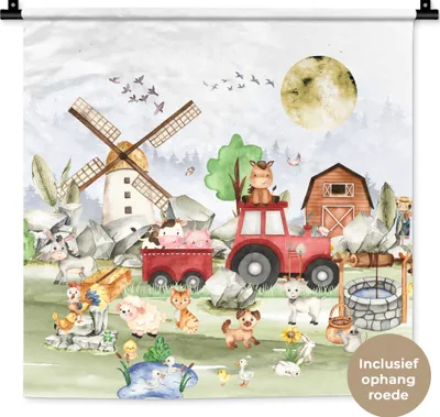 Produktbild von MuchoWow® Wandteppich Wandbehang Bauernhof - Traktor - Kinder - Tiere 60x60 cm Tapisserie Dekoration Wandtuch - Dekorationen - Wand Decke