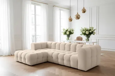Produktbild von Ecksofa Designersofa SOLVIE in Stoff Tiffani Beige Ottomane Links