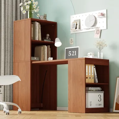 Produktbild von Flieks Multifunktionaler Schreibtisch mit vier Staufächer, Multifunktionaler Klapptisch, Computertisch 130x51x137cm, Walnussholzfarbe