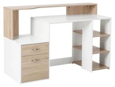 Produktbild von Computertisch - Schreibtisch fürs Büro - 2 Schubladen - Offene Ablagen mit Stauraum - Druckerablage - 137x55x92 cm - Rechteckig - Kunststoffgestell