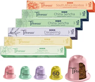 Productafbeelding van Tpresso® PREMIUM THEE Set, 60 theezakjes. Nespresso®*³ compatibele capsules. Smaakvarianten: venkel, Earl Grey, jasmijn, rooibos, English Breakfast. Cadeauset in een theebox