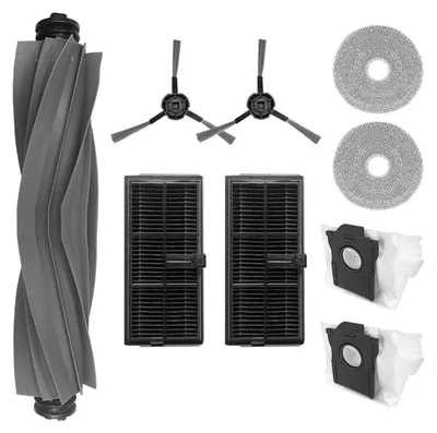 A collection of vacuum cleaner replacement parts arranged on a white background.