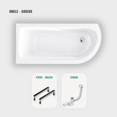 Produktbild von Weiße, asymmetrische Eckbadewanne 170 x 75 cm – Füße – Chromablauf – OASIS