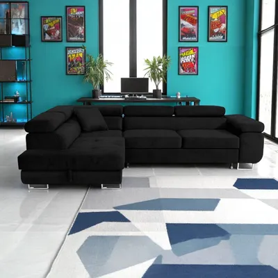 Produktbild von Ecksofa L-Form 275 x 202 cm Schwarz links mit Schlaffunktion und Bettkasten – Sofiland Aller L