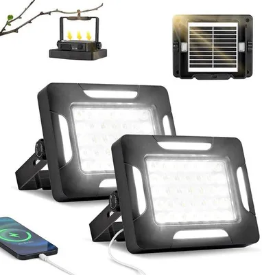 Image de 2 lampes de camping LED solaires avec trépied, à intensité variable, 2000 lumens, étanches (indice IP67), 5 modes d'éclairage, portables