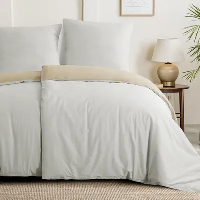 Produktbild von Bettwäsche-Set 135x200 cm Baumwolle 4-teilig Khaki Beige Wendebettwäsche 2er Set mit 2 Kissenbezügen 80x80 cm Reißverschluss