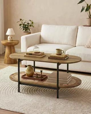 Image de Table basse ovale avec rangement - Aspect bois vintage - Structure robuste