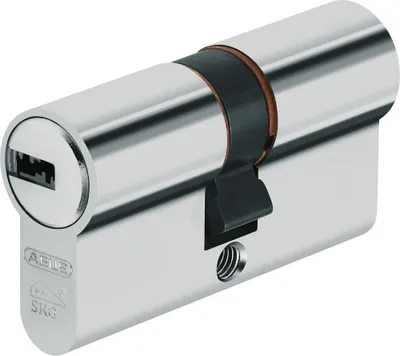 A close-up studio shot of a silver cylinder lock.
