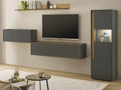 Produktbild von Wohnwand mit Sekretär in grau und Eiche, Wohnkombination Center 4-teilig 320 cm