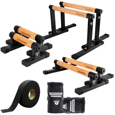 Produktbild von Druckstützen, Parallettenstangen – Holzgriffe und Stahl – für Calisthenics und Fitness