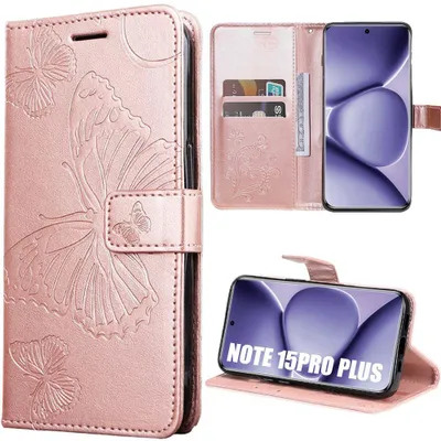 Image de Coque pour Xiaomi Redmi Note 15 Pro Plus 5G, Protection Antichoc Simili Cuir Motif Papillon - Rose