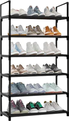 Image de étagère à chaussures en métal noir à 6 niveaux pour 12-18 paires de chaussures 28 x 43 x 112 cm - pour l'entrée, le salon, la chambre à coucher, le dressing