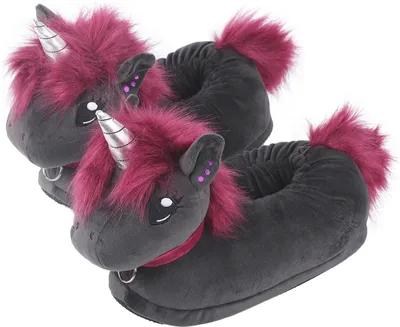 Produktbild von Corimori Süße Plüsch Hausschuhe (10+ Designs) Einhorn „Ruby“ Slipper Einheitsgr. 25-33,5 Uni Pantoffeln Schwarz Pink