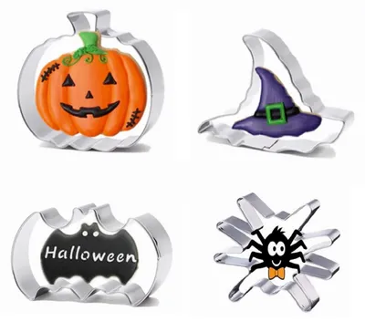 Image de Ensemble de 4 emporte-pièces en acier inoxydable pour Halloween : citrouille, chapeau de sorcière, chauve-souris, araignée