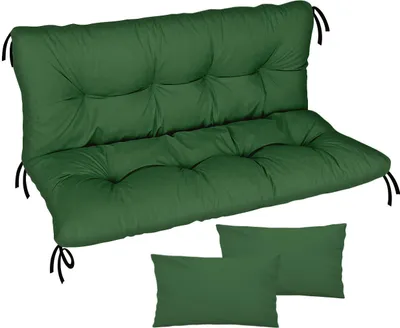 A green bench cushion and two matching pillows on a white background.