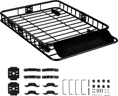 Produktbild von Dachgepäckträger Korb Auto - Universaler Dachkorb - 1175 x 915 x 114 mm - Wanne für das Dachgepäck - 90 kg Tragfähigkeit - Relingträger für Fracht und Gepäckablage - Schwarz - Ideal für Camping, Grillen, Autoreisen usw.
