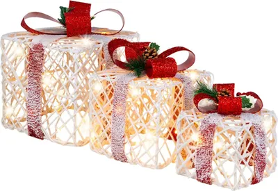Produktbild von GOPLUS 3er Set LED Geschenkbox, Weihnachtsboxen mit 60 Lichtern & Timer, beleuchtete Weihnachtsdeko mit Schleifen & Tannenzapfen für Weihnachtsbaum