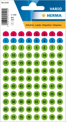 Produktbild von HERMA Zahlen Sticker 1-160 Durchmesser: 8 mm farbig 176 Sticker auf 6 Blatt