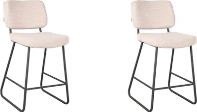 Two beige bar stools with black metal frames are shown against a white background.