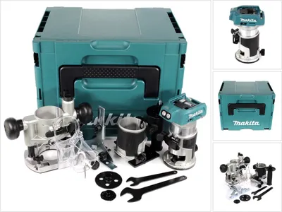 A collage of images showing a cordless multi-function router and its accessories, along with its storage case.