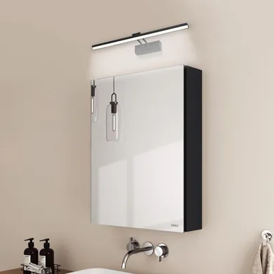 Zdjęcie produktu dla EMKE szafka z lustrem i lampy lustrzane, 50x65x14,5cm 2 szklane półki Czarna szafka z lustrem łazienkowym i czarne lampy ścienne Zimne białe światło 6500k