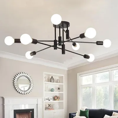 Image de Lustre industriel Sputnik, style rétro, 8 ampoules E27, grand lustre, lampe suspendue moderne noire, idéale pour le salon, la chambre, la cuisine